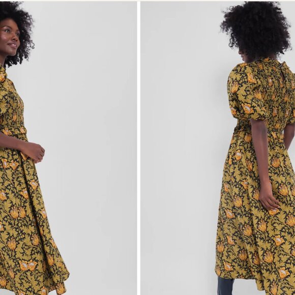 Hyacinth House Olive Leafy Floral Smocked Smythe Midi Dress - XL - Picture 2 of 4